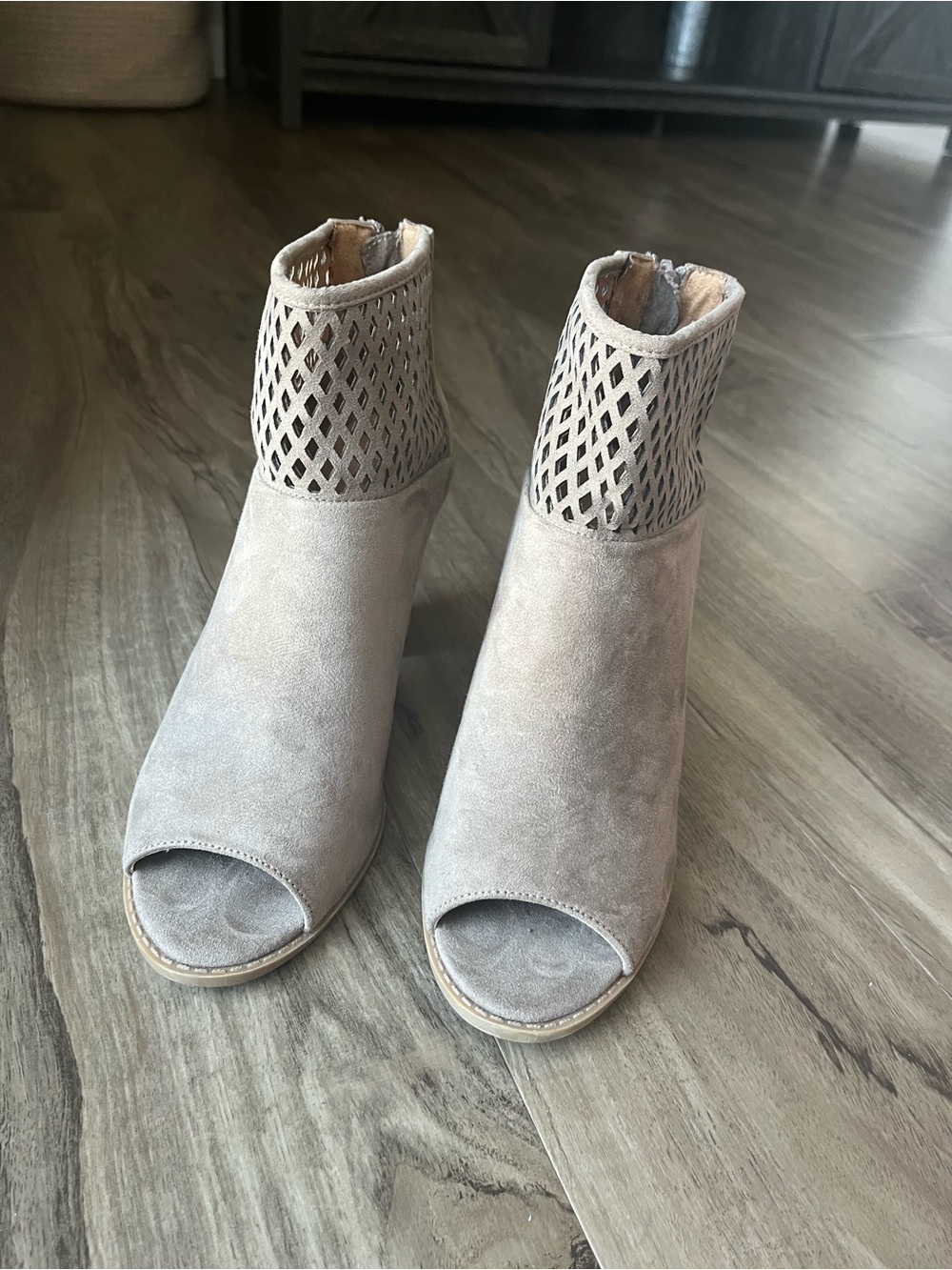 Report Taupe Suede Peep-Toe Ankle Booties with Laser-Cut Cuff